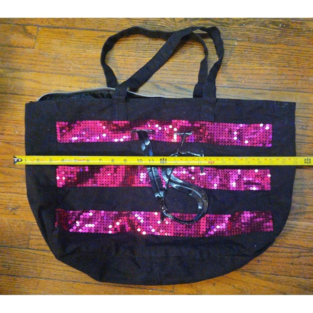 Victorias Secret Black Pink Sequin Stripe VS Logo Canvas Zipper Tote Bag Large